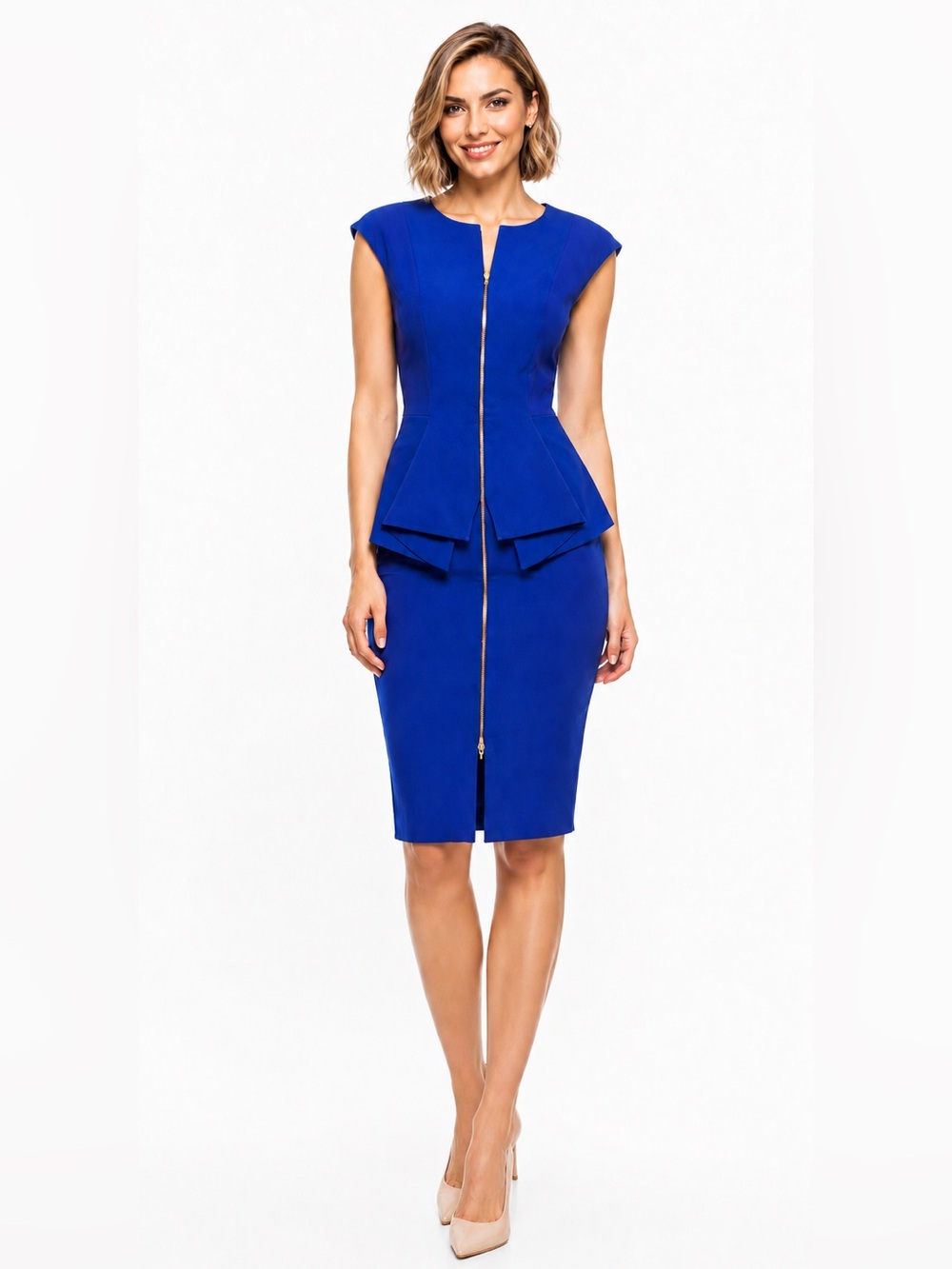 Ted Baker Jamthun Blue Structured Peplum Sheath Dress Zip Front Career Cocktail